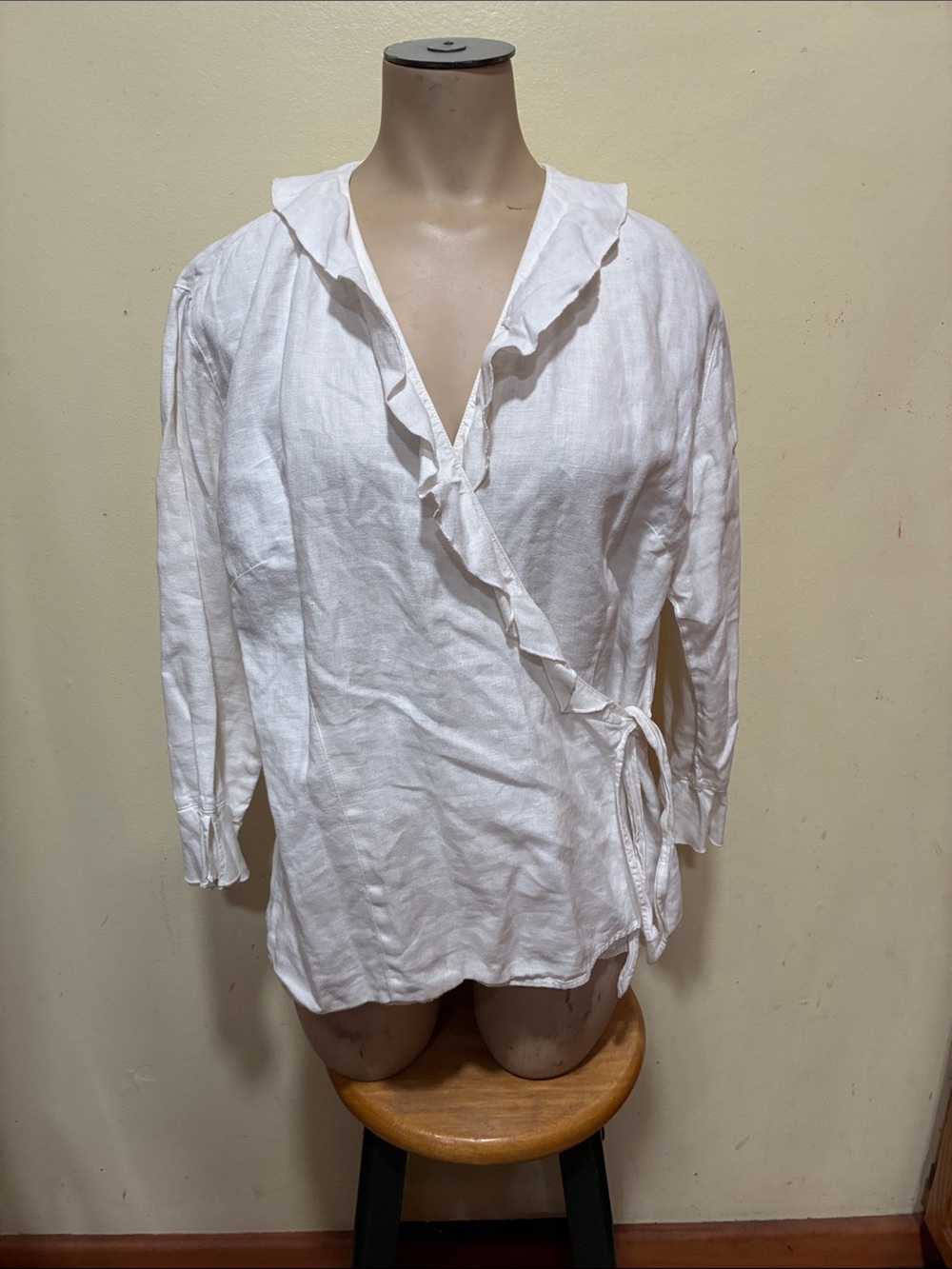 cut loose White Ruffle Wrap Blouse 100% linen